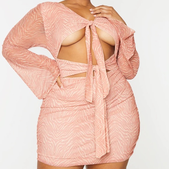 PrettyLittleThing  Orange Mesh Cut Out Bodycon Dress Size 16 - Picture 2 of 3